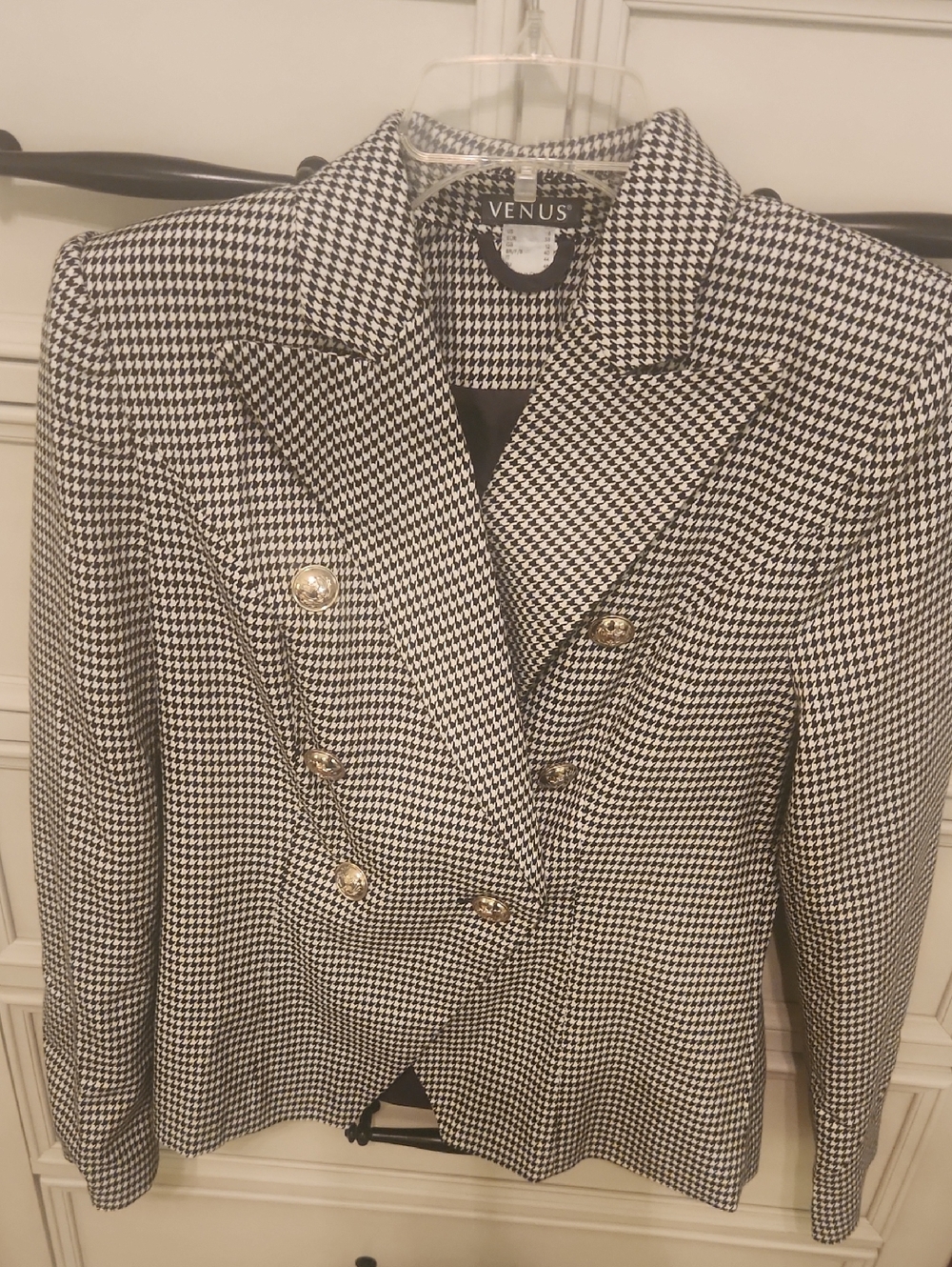 VENUS Black and White Houndstooth Double-Breasted Blazer with Gold Buttons
